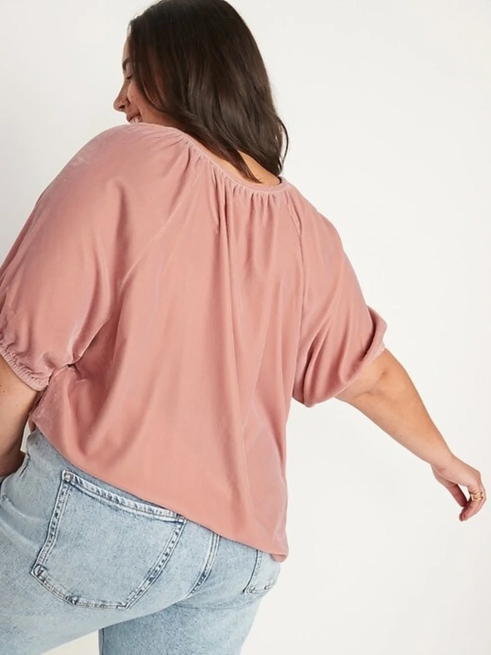 Old Navy Pink Velvet Split-Neck Swing Blouse Top Boho Puff Sleeve Plus Size XXL